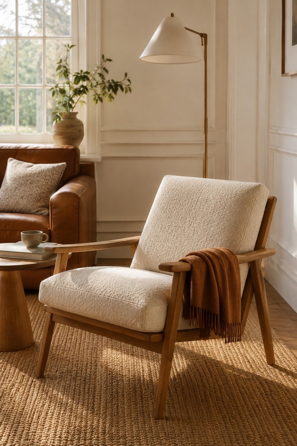 Oatmeal upholstered accent chair angled toward a sofa with a cognac throw over one arm
