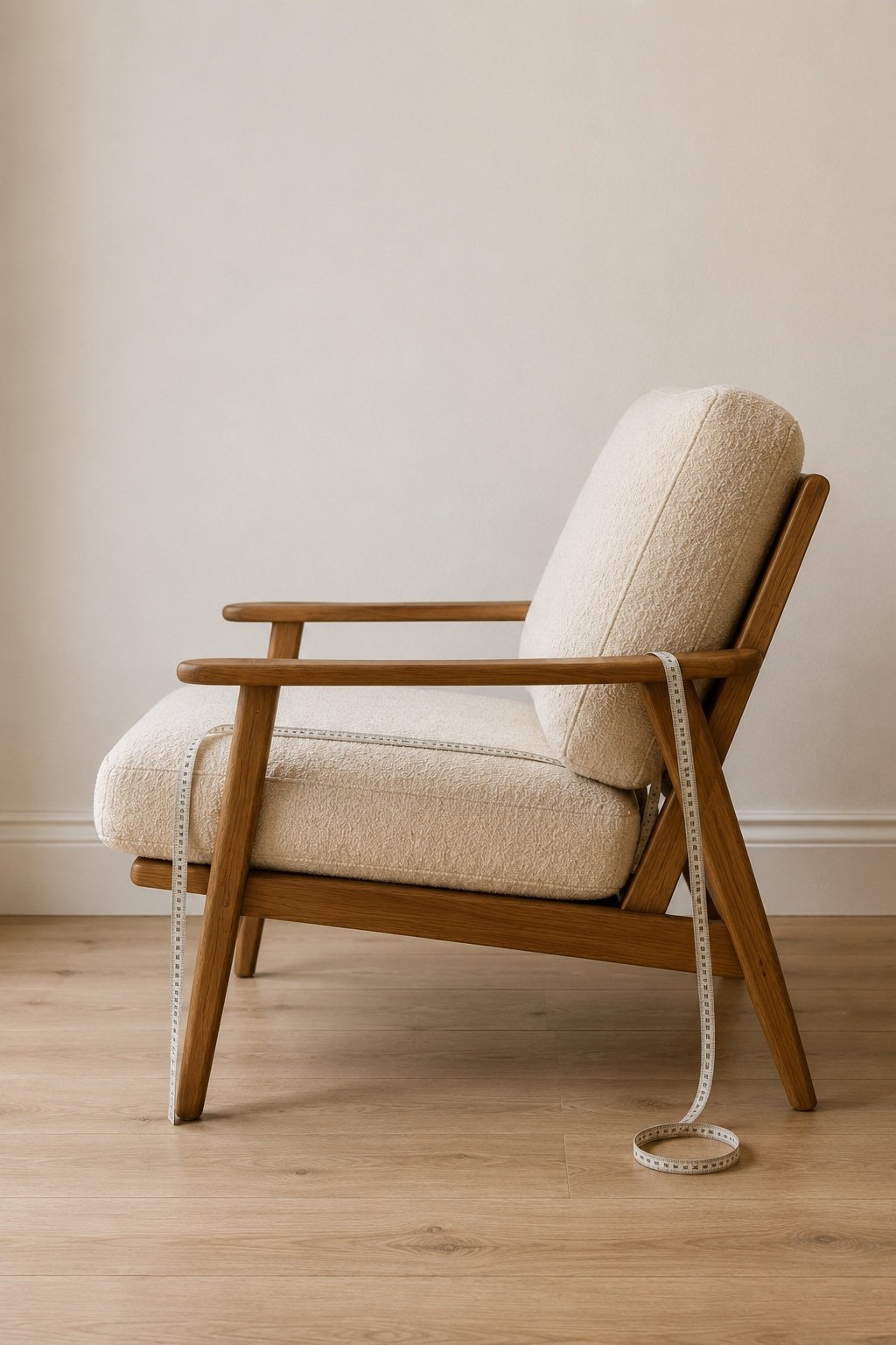 Side profile of an armchair with a cloth measuring tape across the seat and arm