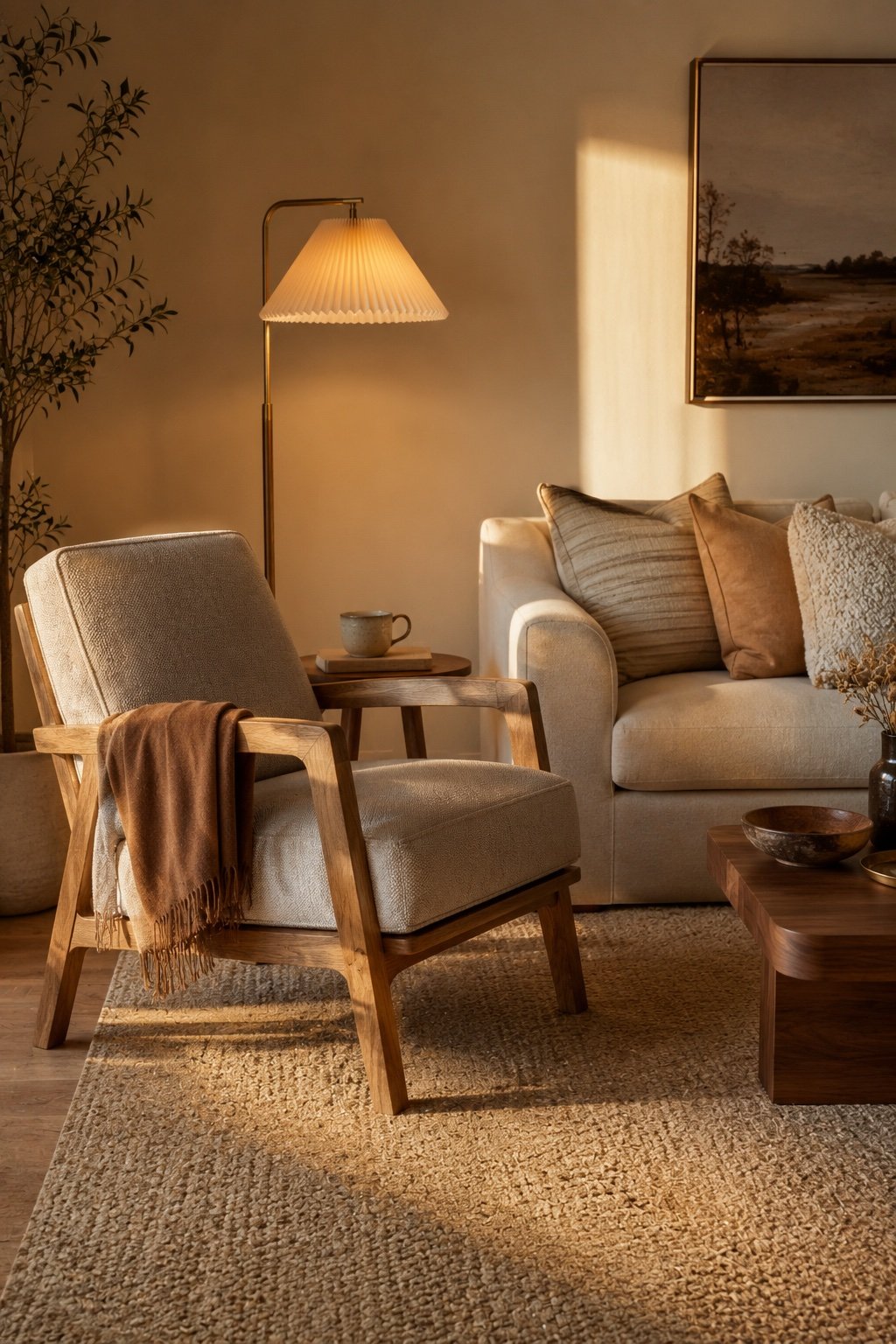 Seating group with the accent chair angled to the sofa, front legs on a large neutral rug