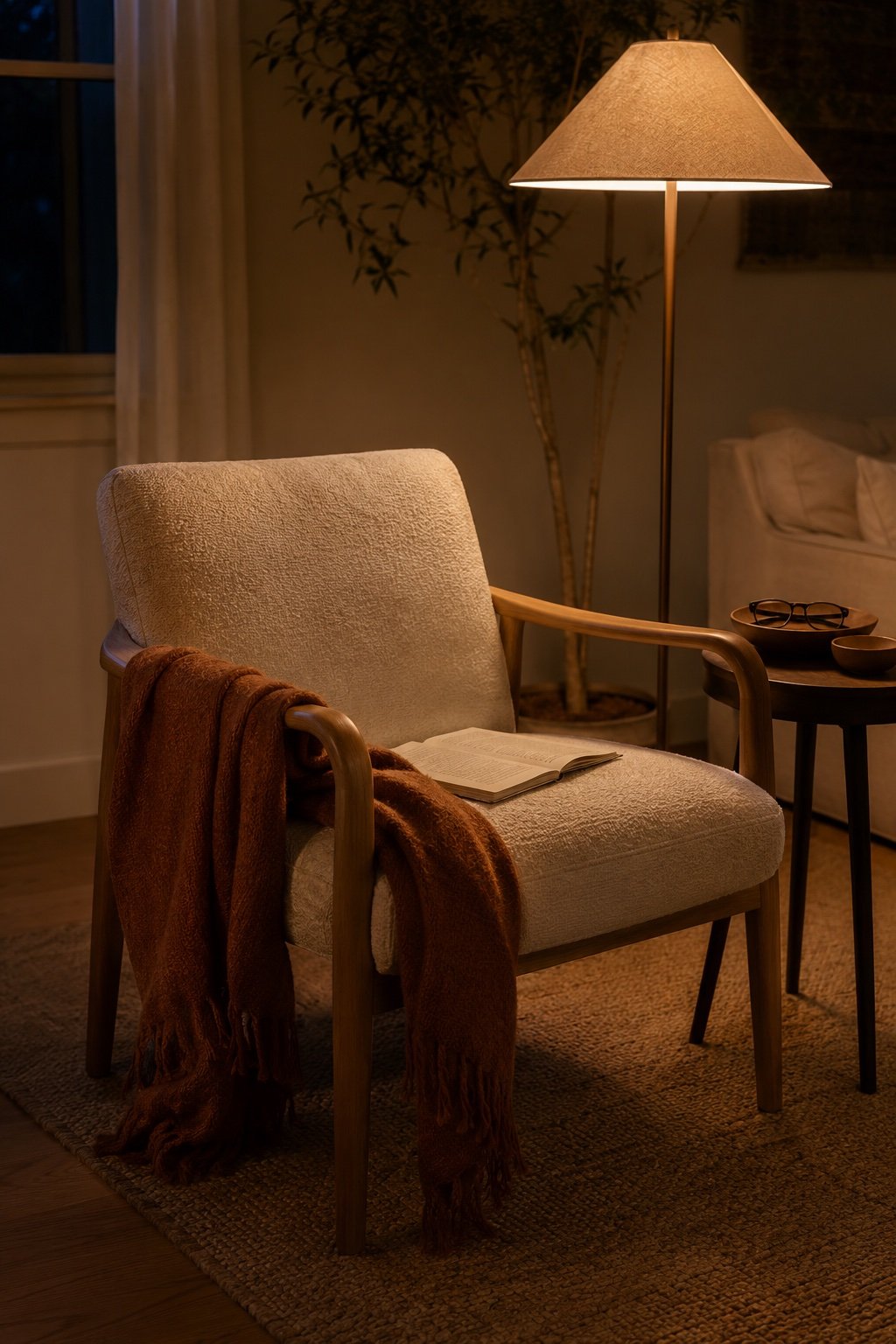 Accent chair at dusk with a throw slipping off the arm and a book face down on the seat