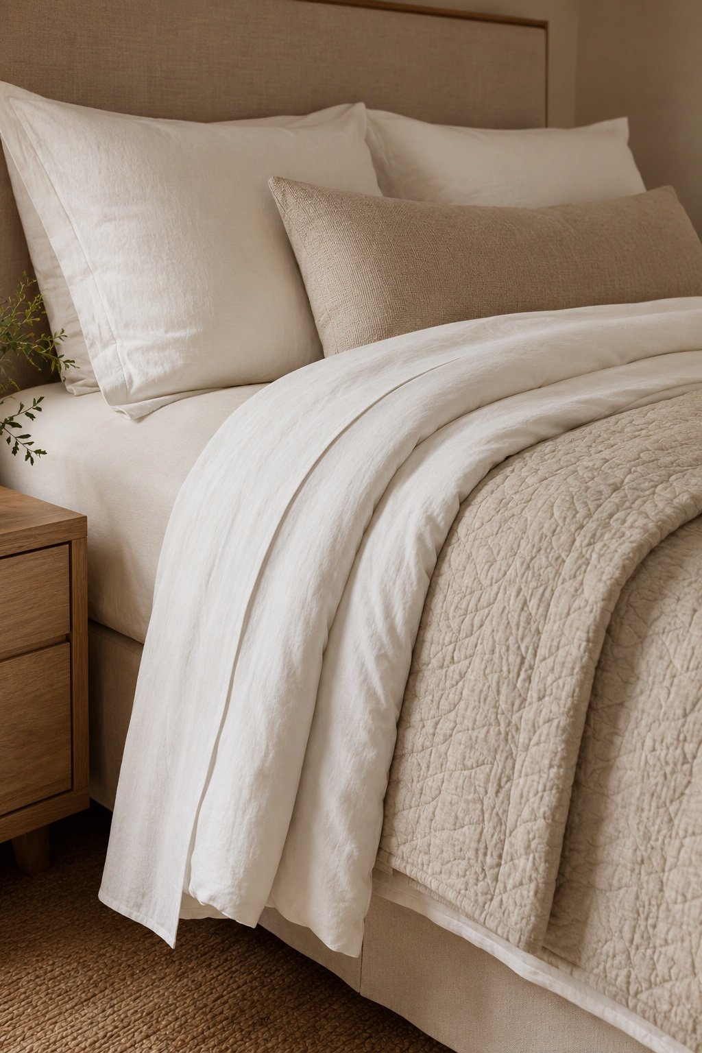 Detail of bedding layers showing sheet, duvet and folded coverlet edges stacked