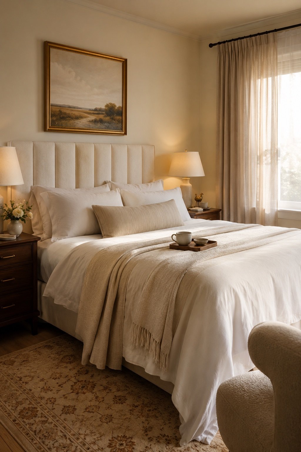 Warm bedroom with the finished hotel-style bed, glowing lamps and a coffee tray