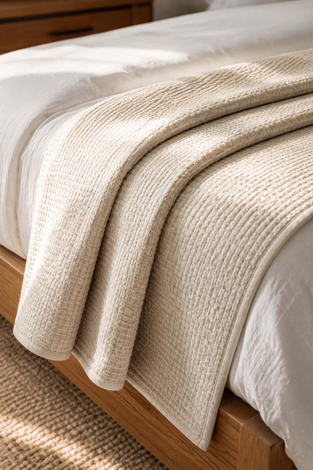 Cream waffle-weave coverlet folded in thirds across the foot of a white duvet