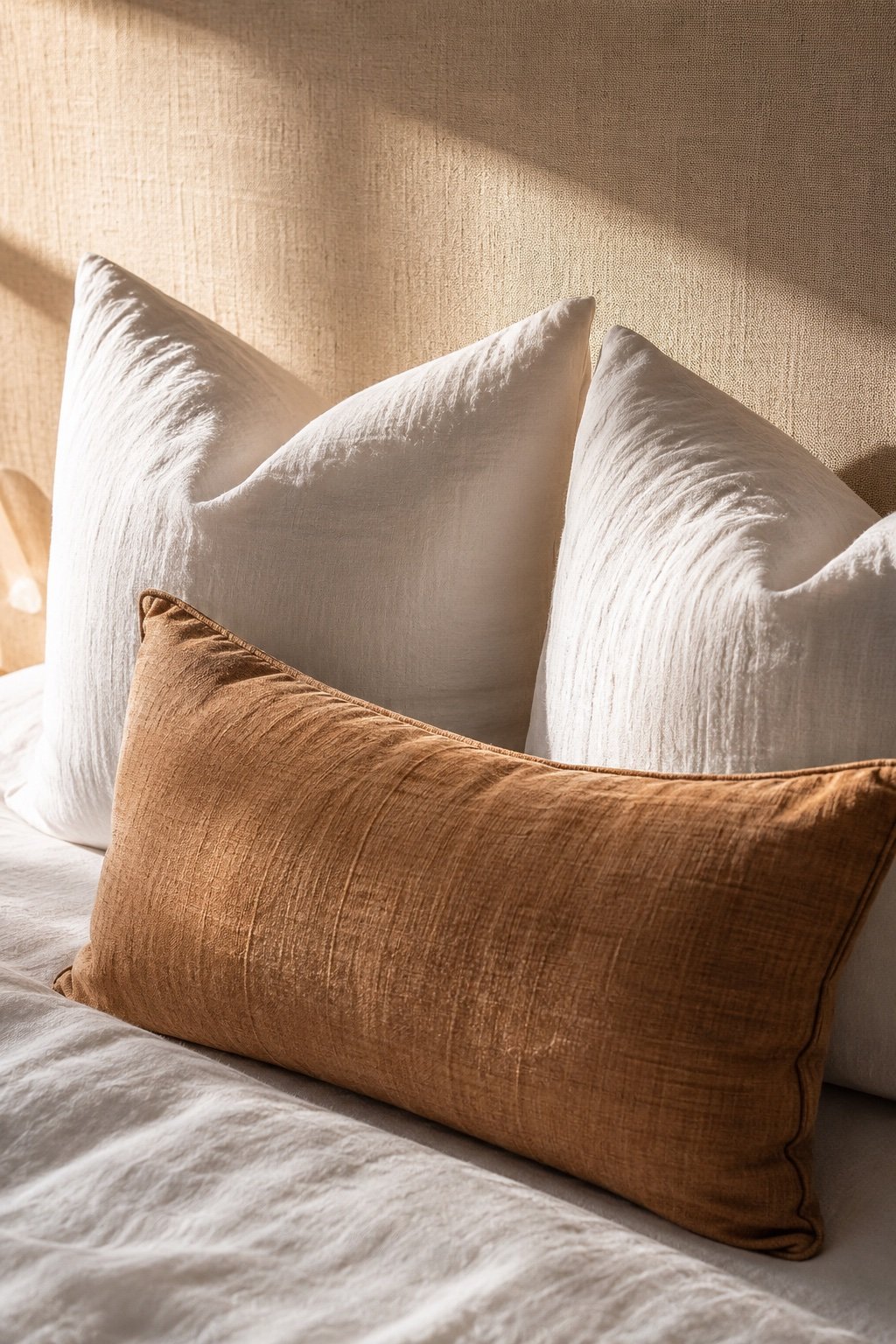 Two sleeping pillows upright against a linen headboard with a caramel lumbar pillow