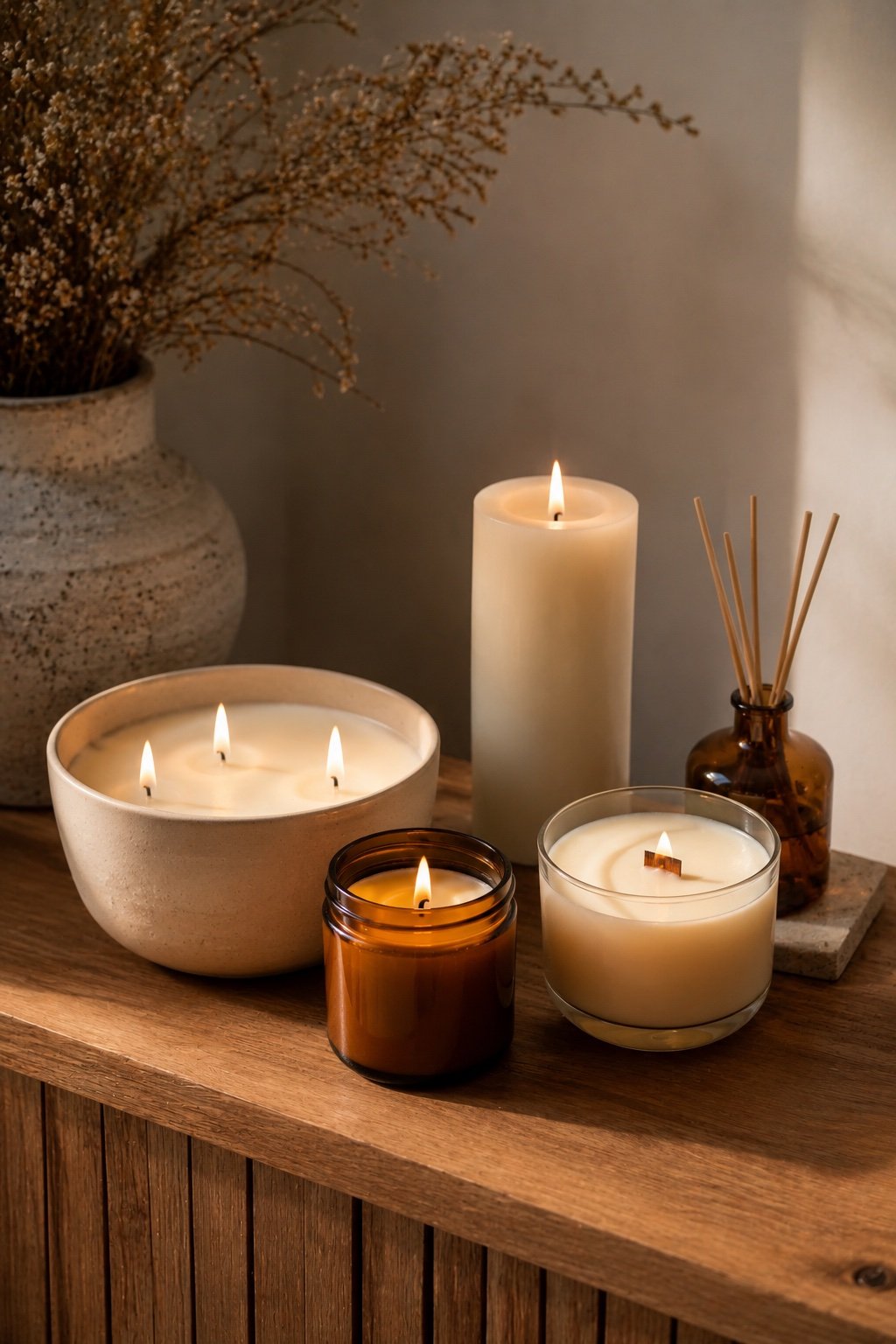 Lineup of unbranded candles: three-wick ceramic, amber glass jar, ivory pillar and wood wick