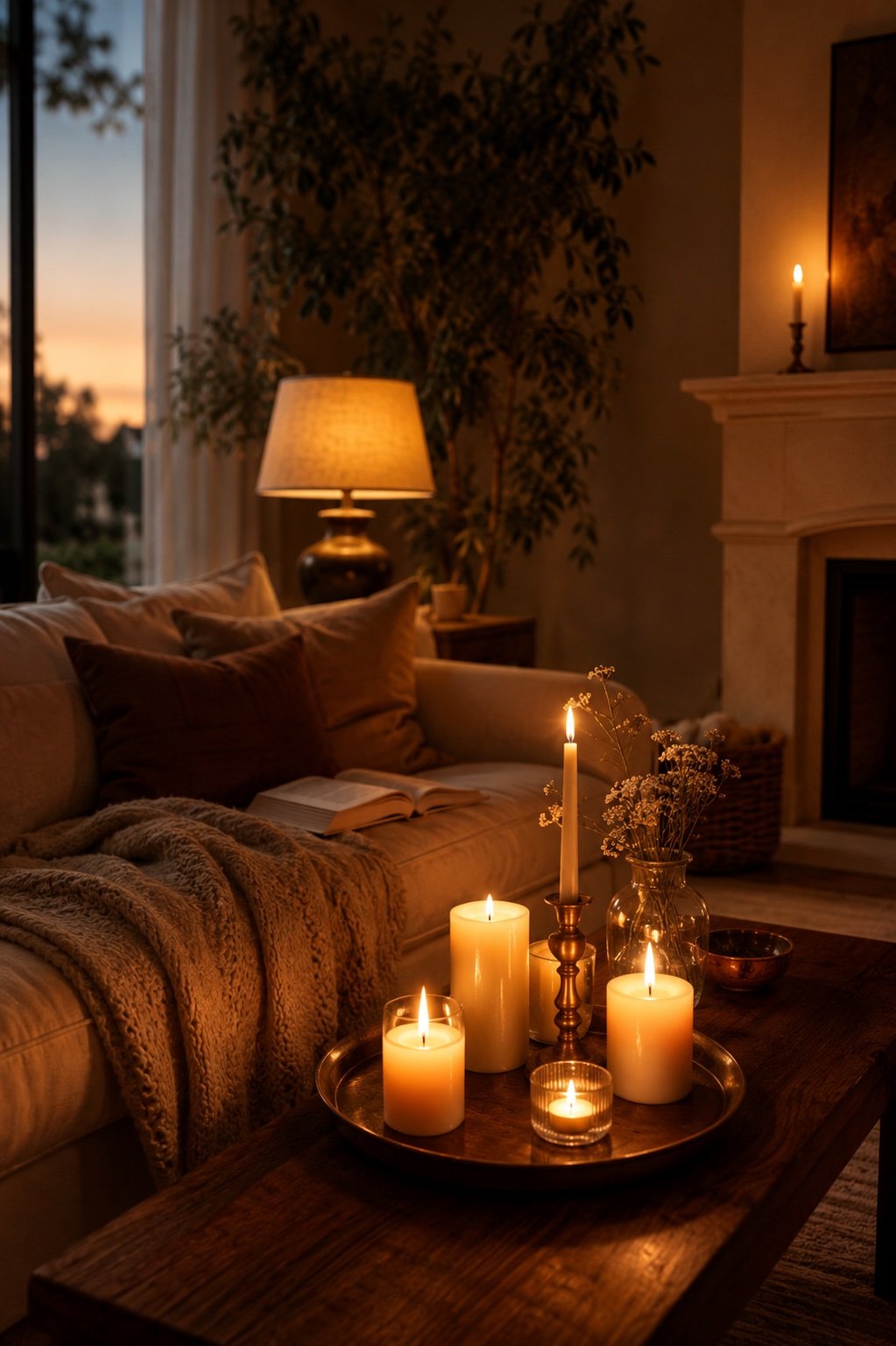 Cozy evening living room with candles on the coffee table tray and warm lamp glow