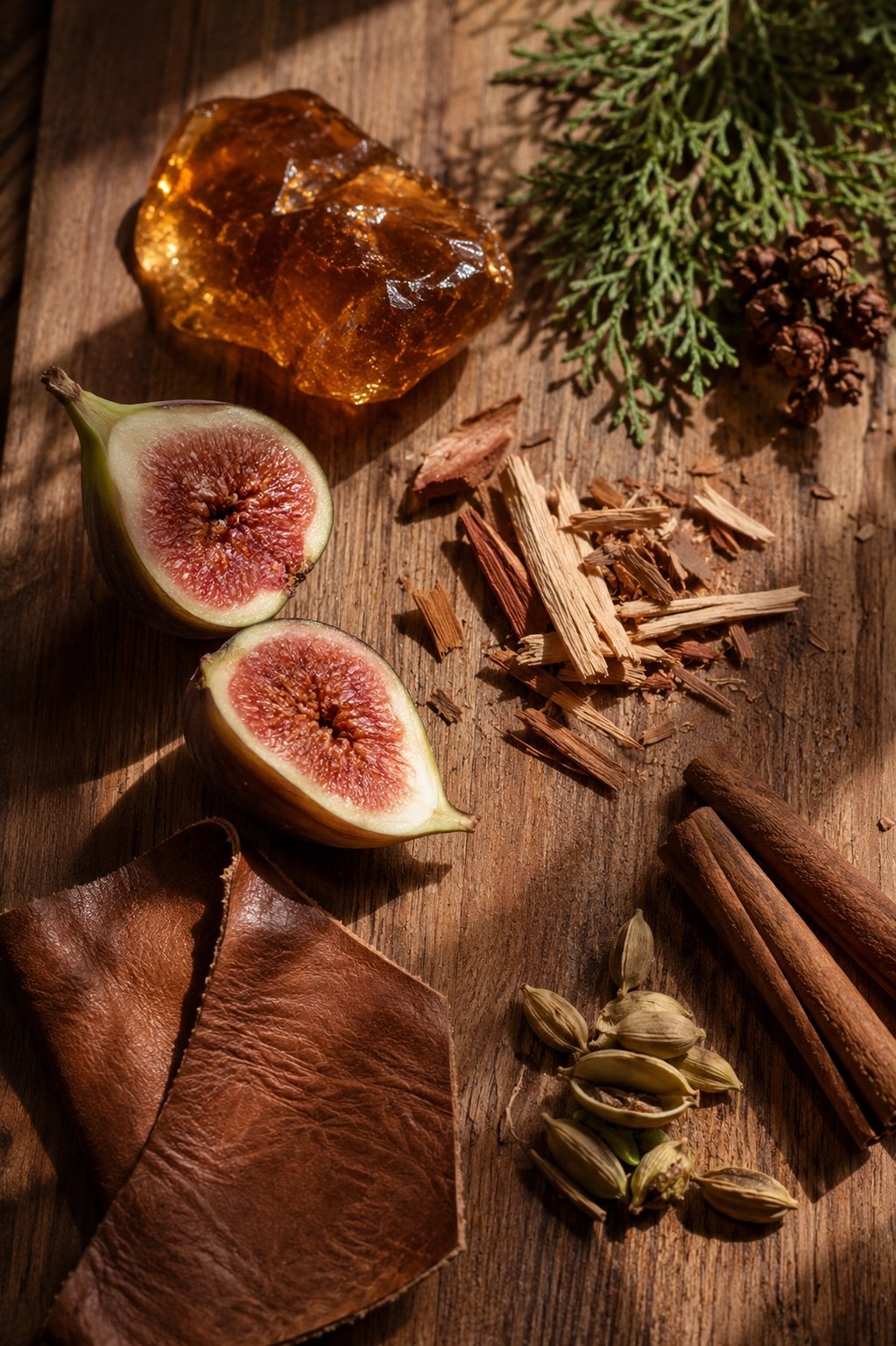 Still life of fall scent notes: amber resin, cut fig, cedar branch, cinnamon and cardamom