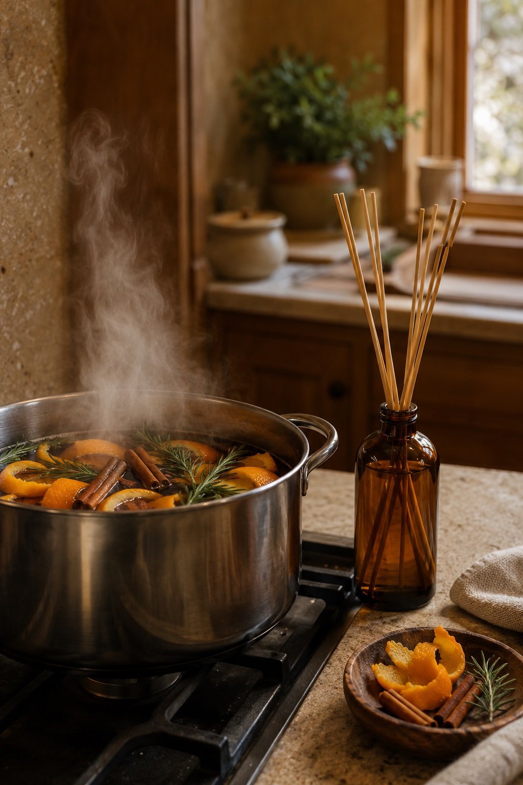 Kitchen simmer pot with orange peel and cinnamon steaming beside an amber reed diffuser