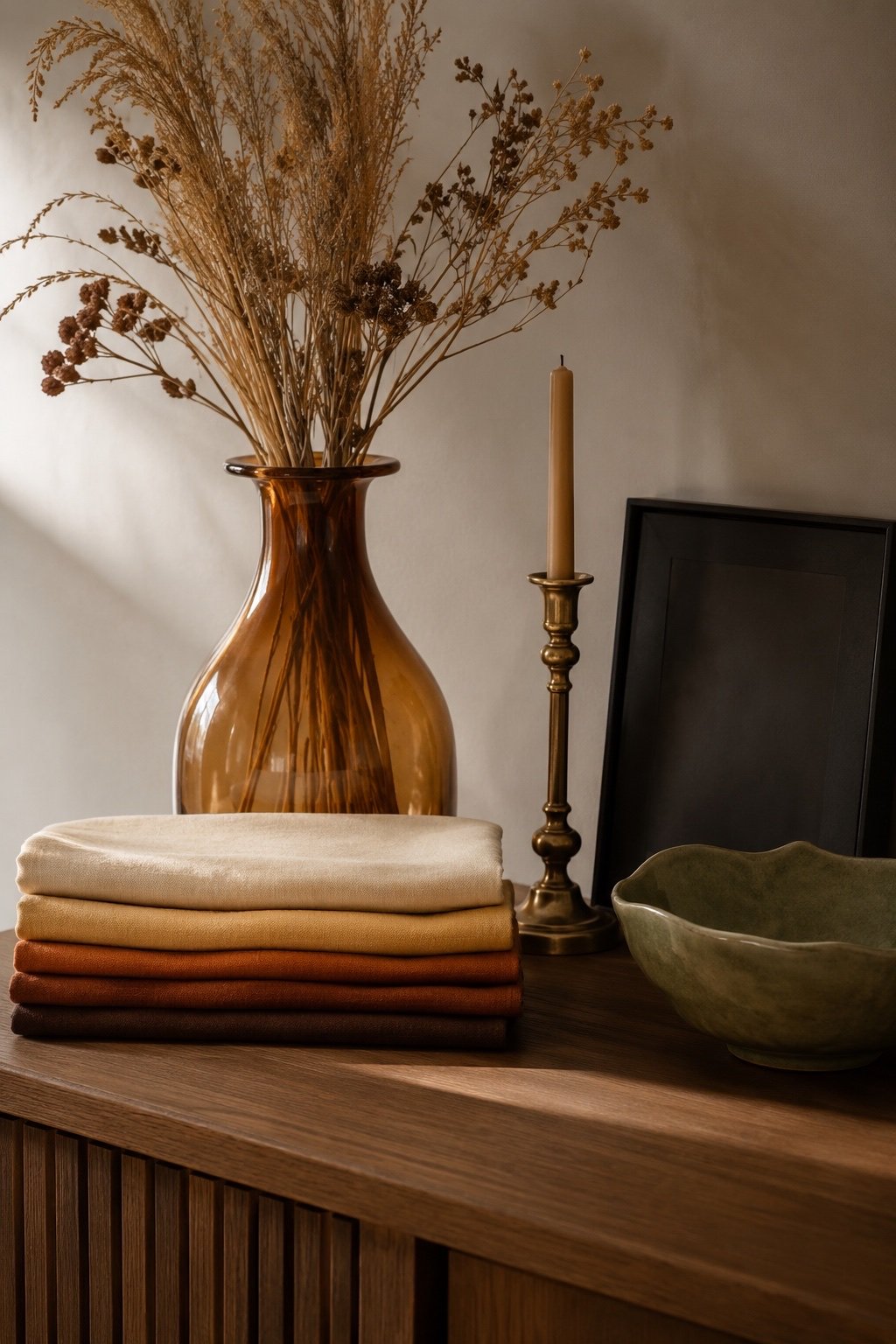 Caramel palette vignette with linen swatches, amber glass vase and brass candlestick
