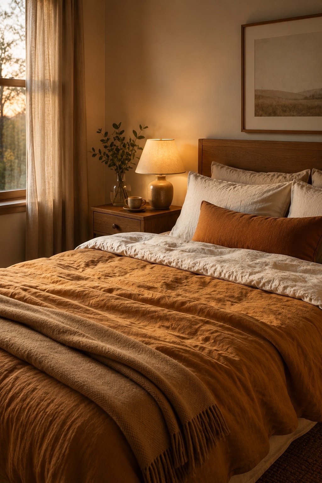 Bedroom with butterscotch linen duvet, ivory sheets and warm lamp glow