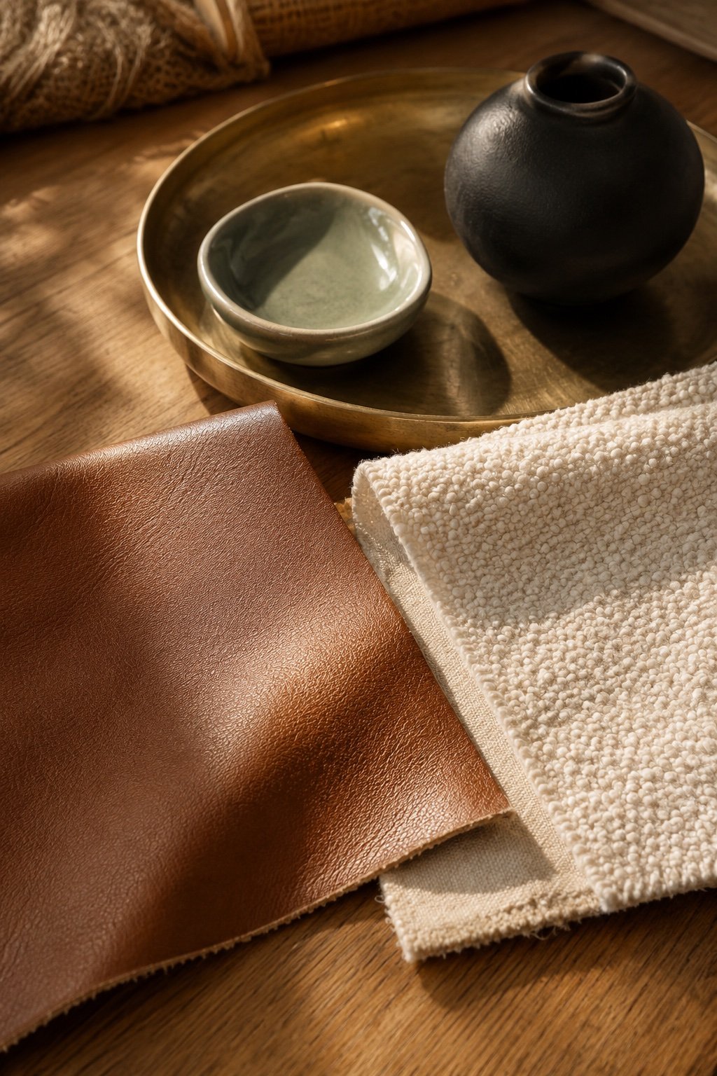Caramel pairings: a cognac leather swatch beside cream boucle, a brass tray and a sage dish