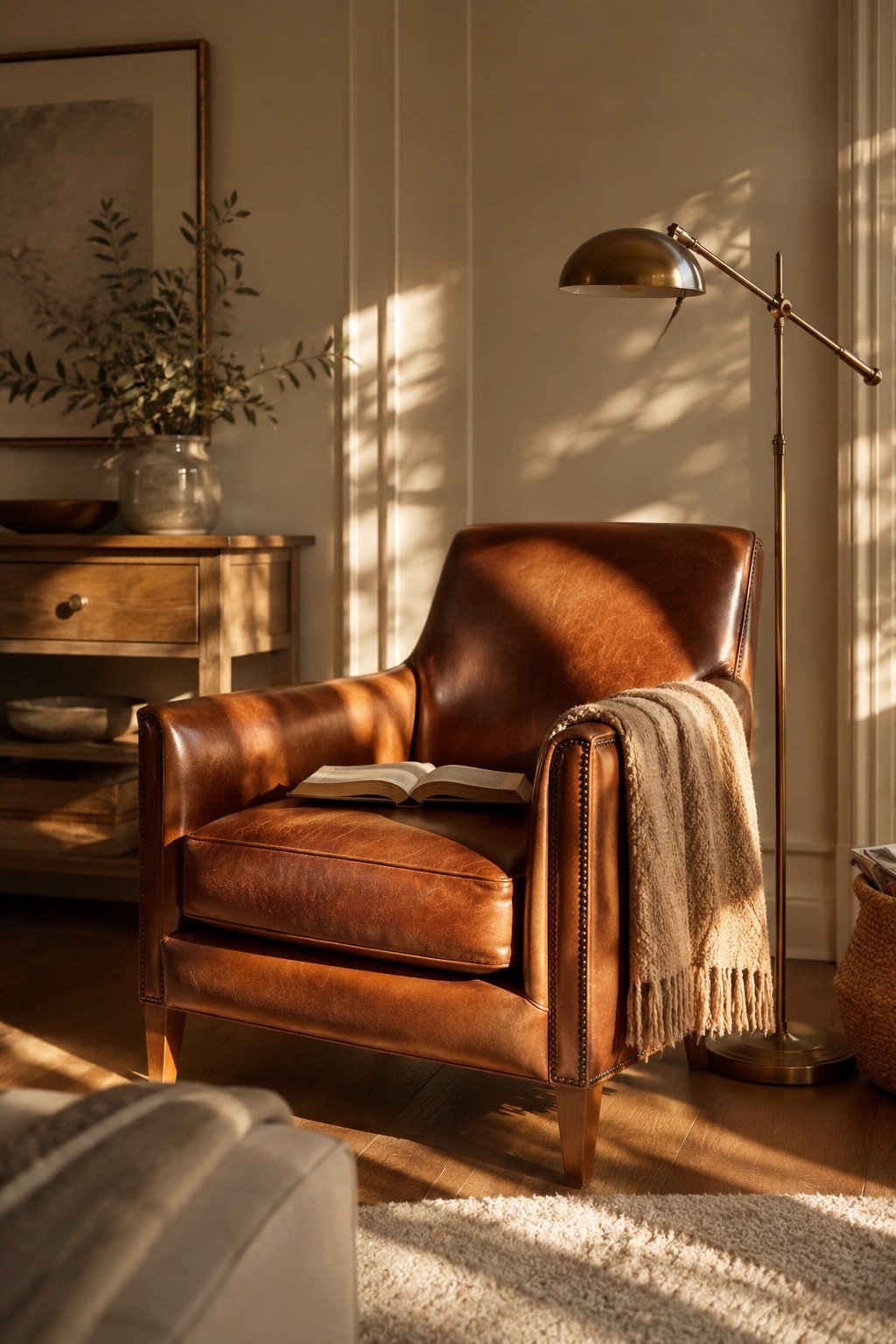 A cognac leather accent chair as the investment piece in a warm neutral living room