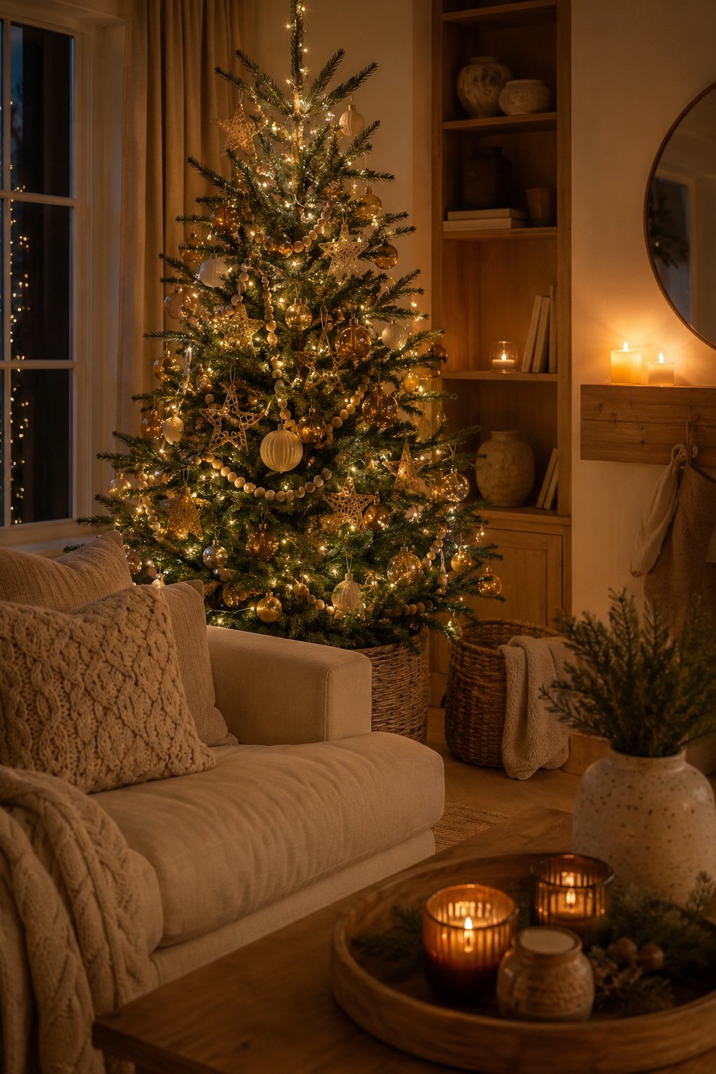 Neutral Christmas living room with a warm-white lit tree in cream, gold and amber ornaments