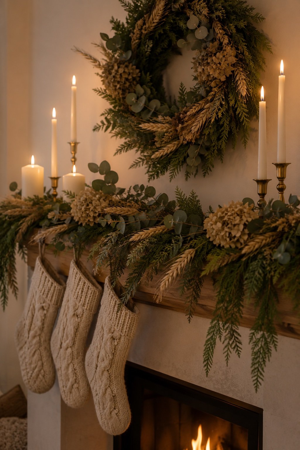 Mantel with a cedar garland, ivory tapers in brass holders and oatmeal knit stockings
