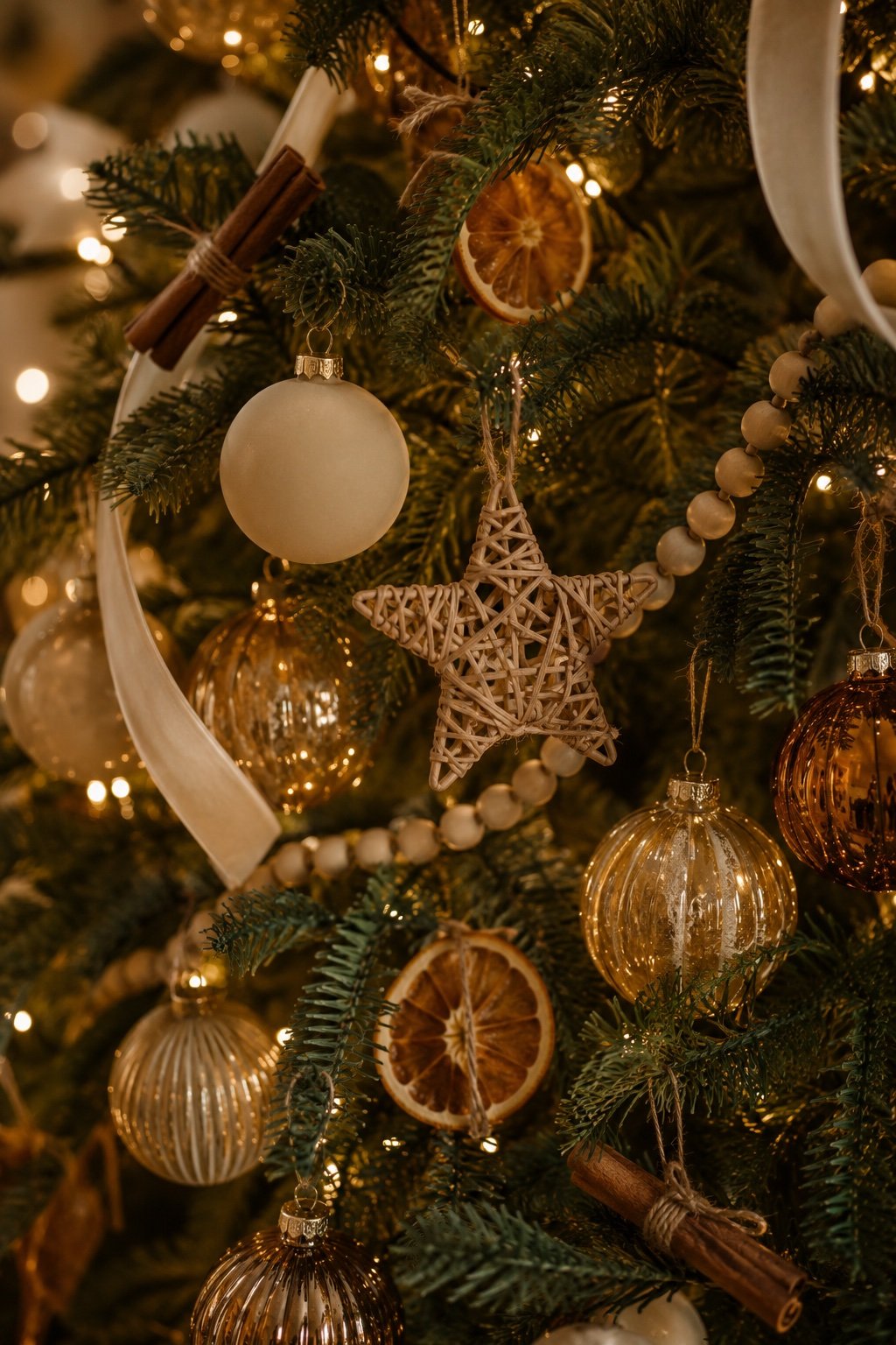 Tree branch detail with cream baubles, wooden beads, dried orange slices and warm-white lights