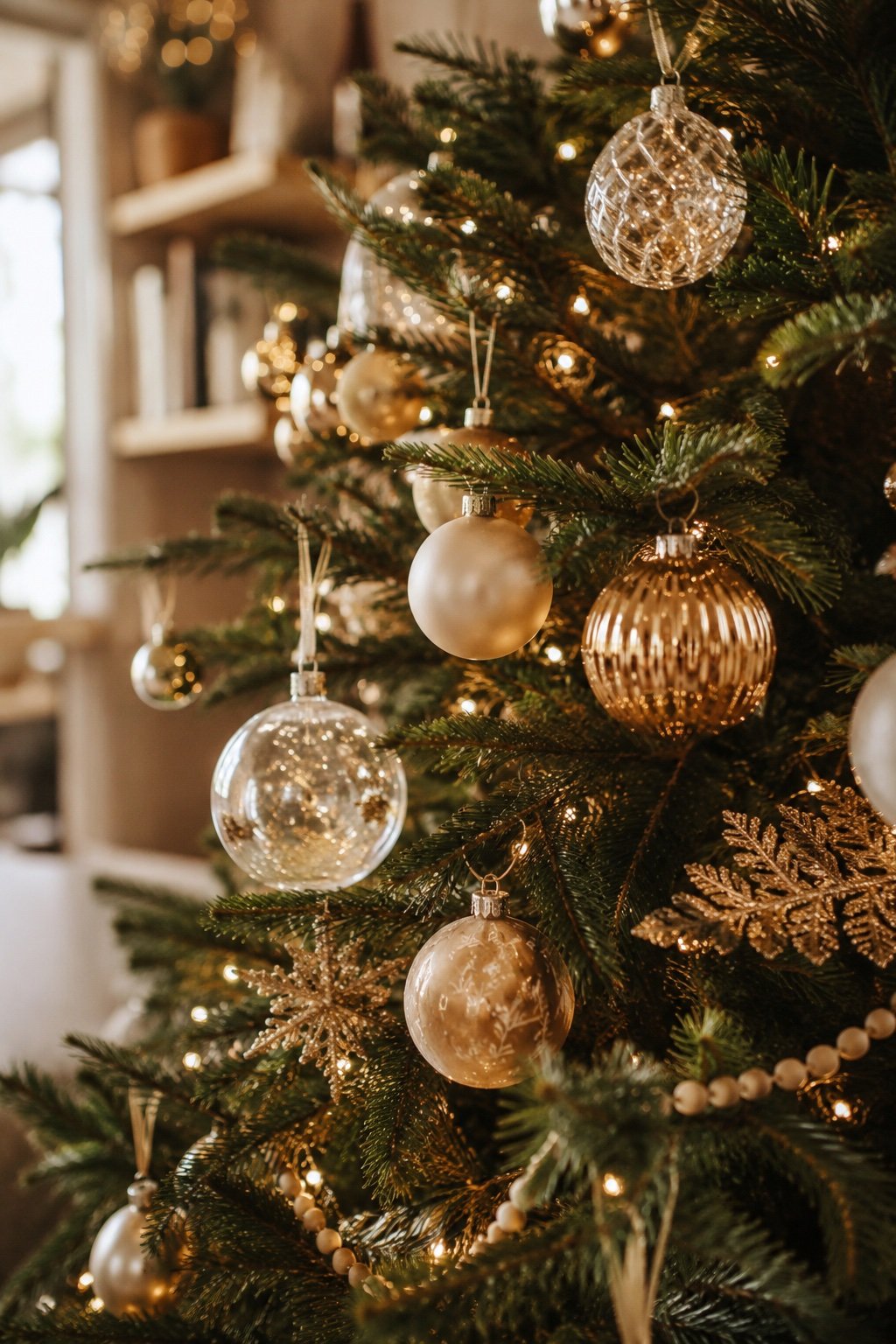 Cream, gold and amber glass ornaments in a tight palette on a tree