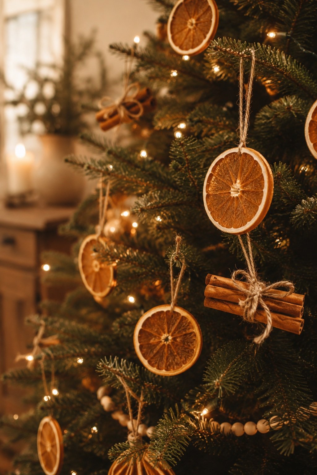 Dried orange slices and cinnamon bundles as warm-toned tree ornaments