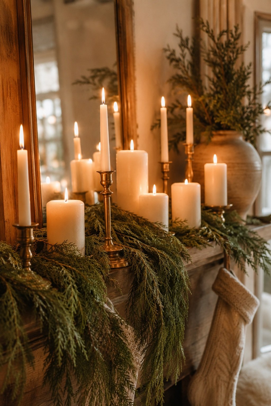 Ivory tapers and pillars clustered at varied heights on a holiday mantel