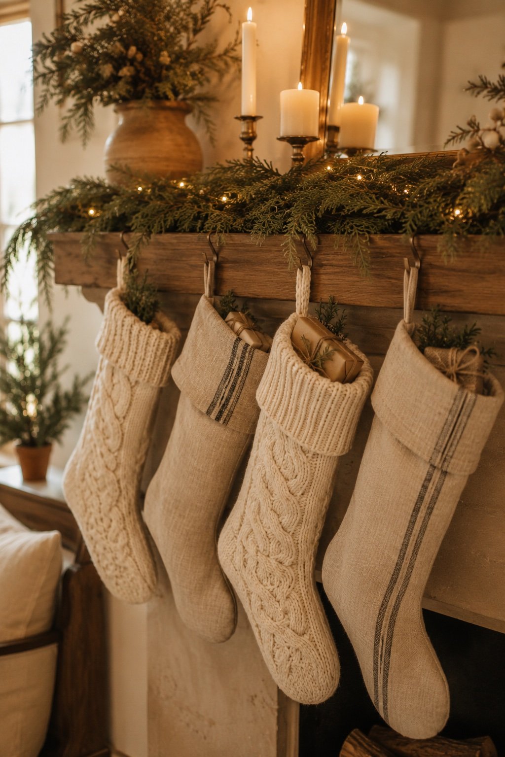 Oatmeal cable-knit and linen stockings hung on a neutral holiday mantel