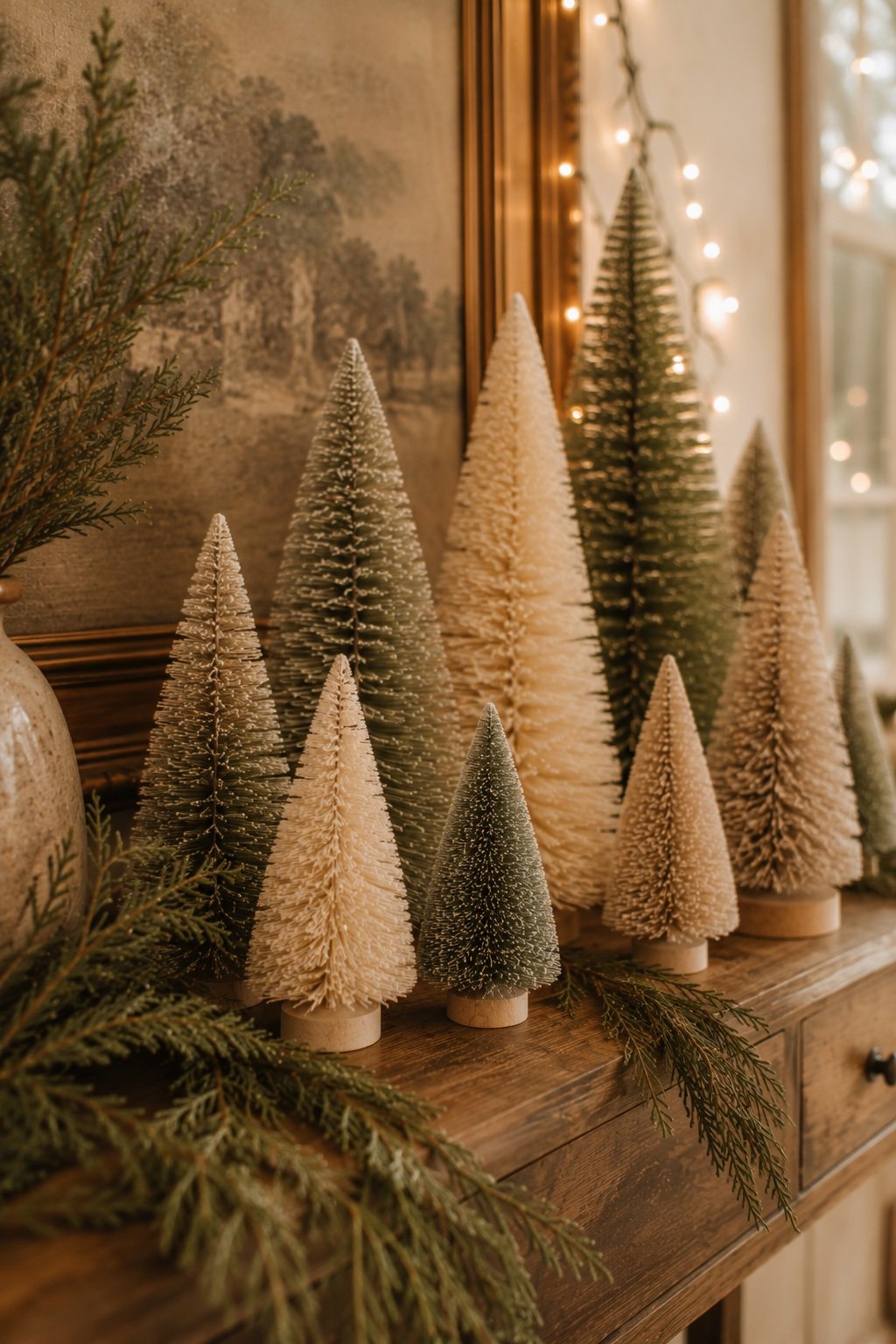 A grouping of cream and sage bottle-brush trees on a console
