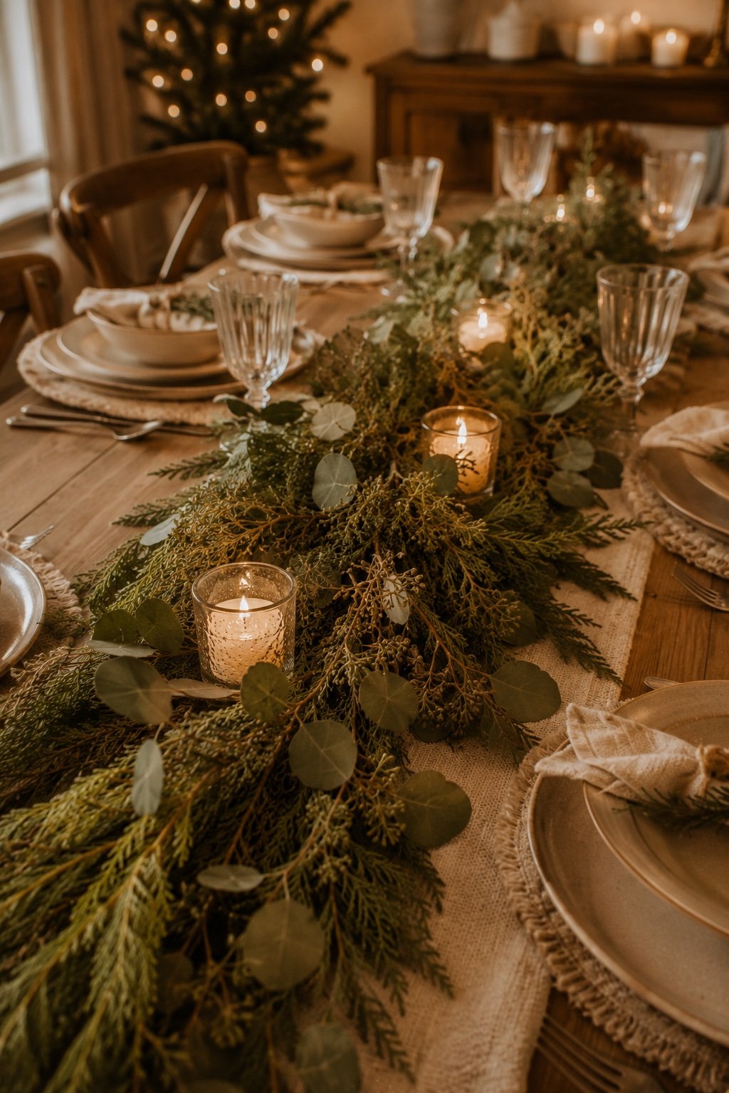 A loose greenery garland with votives down the center of a holiday table
