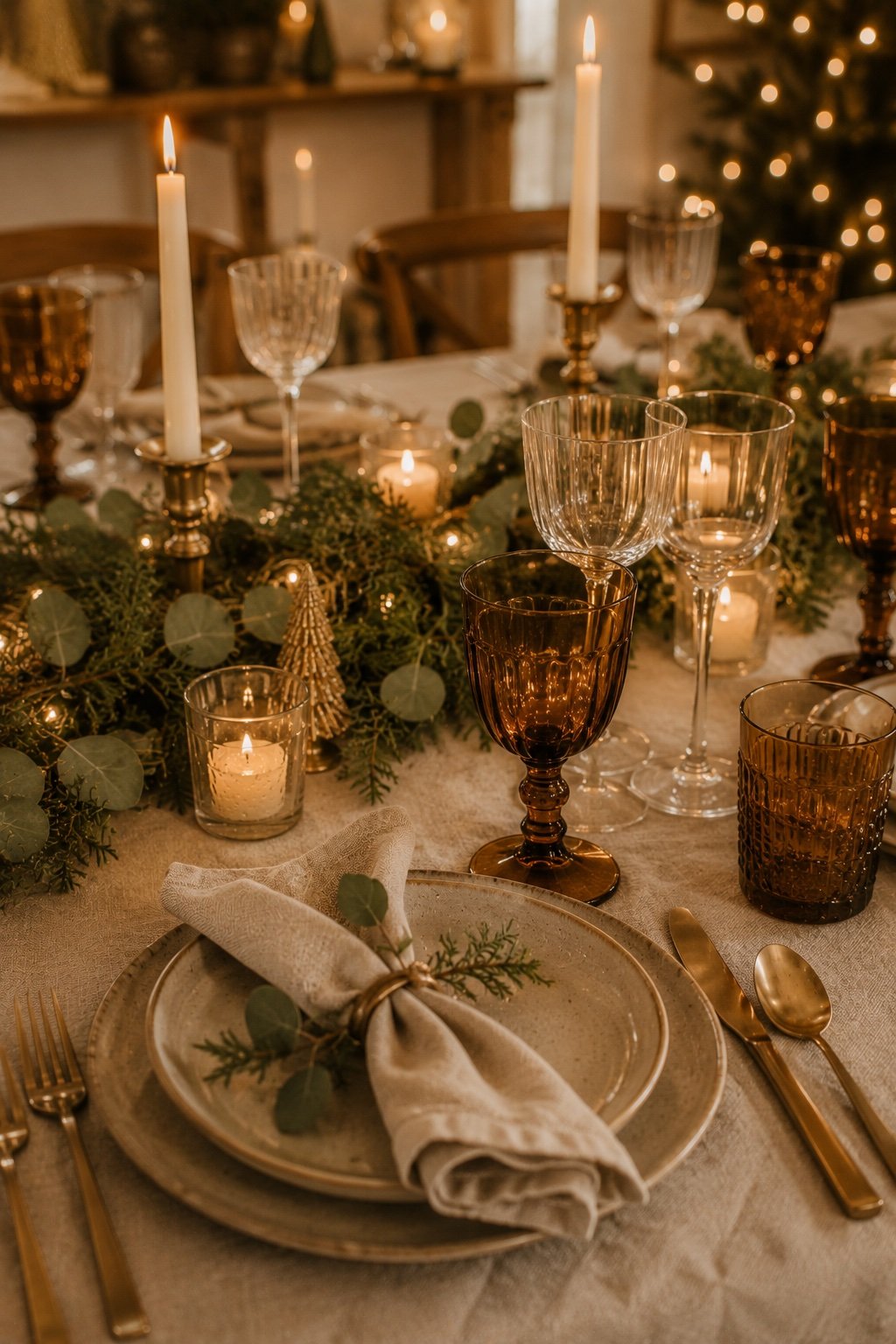 Amber and clear glassware catching candlelight on a neutral holiday table
