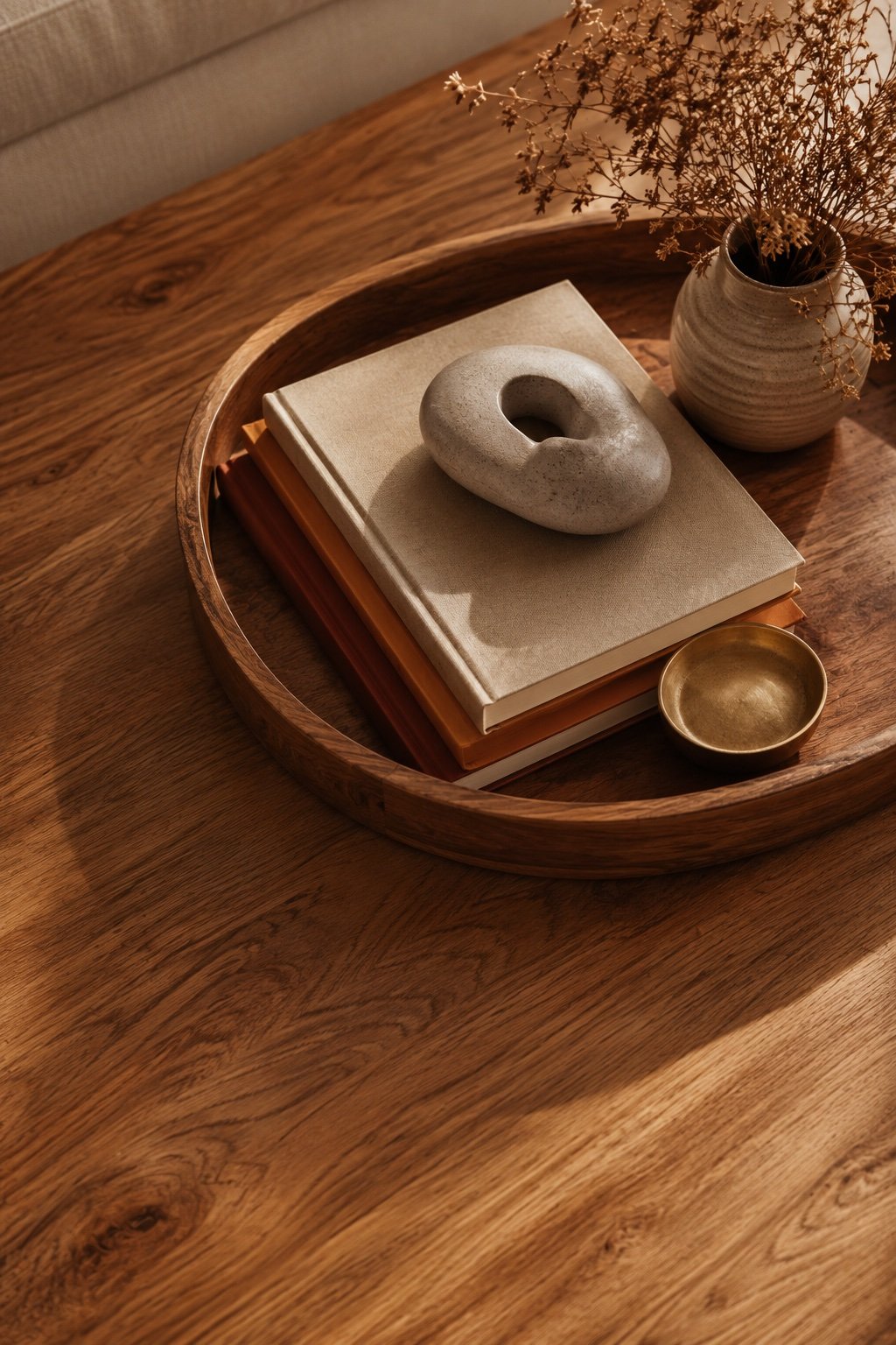 Wooden tray on a coffee table holding two books and a stone object with empty space around it