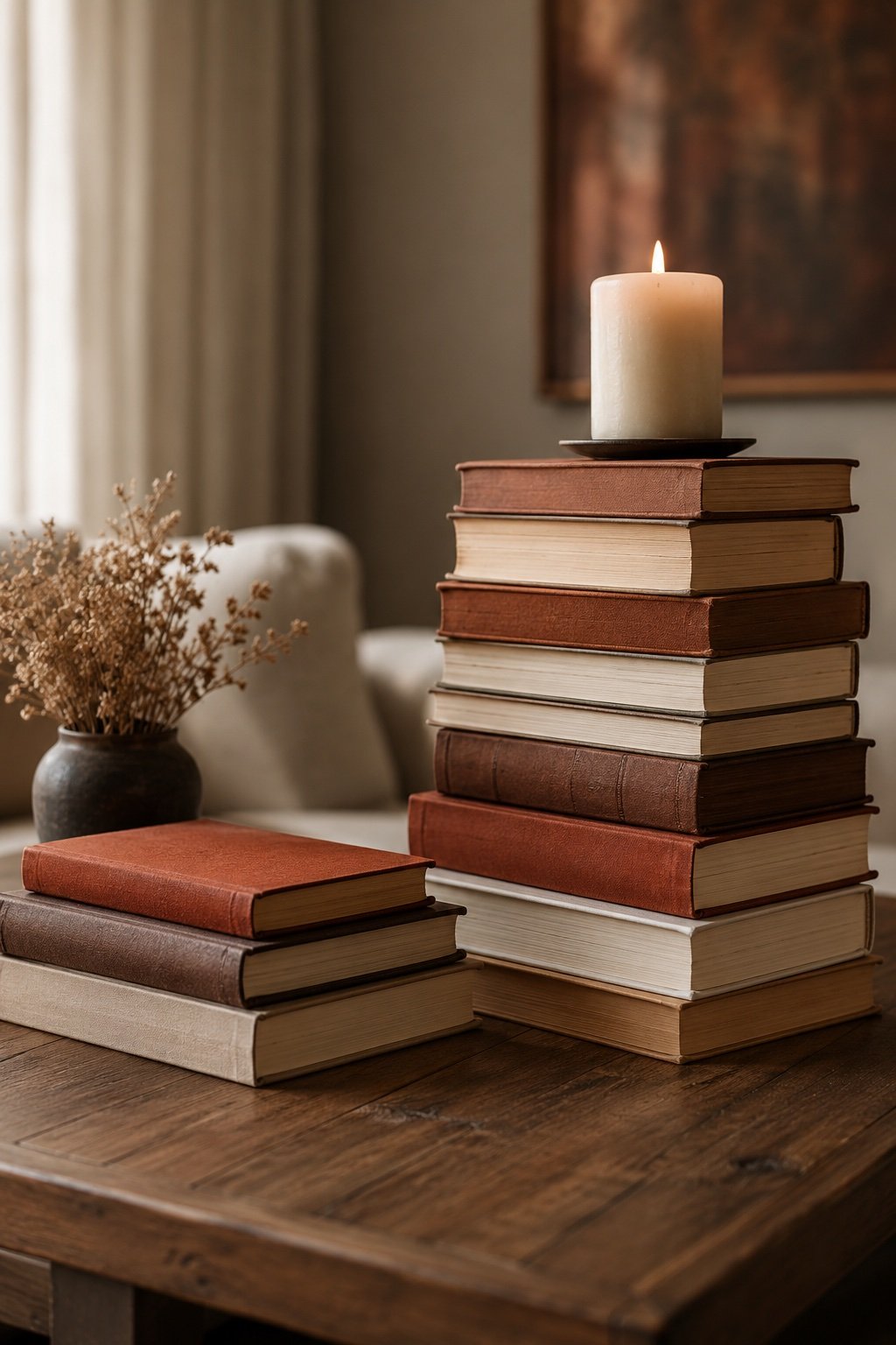 Two book stacks at different heights on a coffee table, topped with an ivory candle