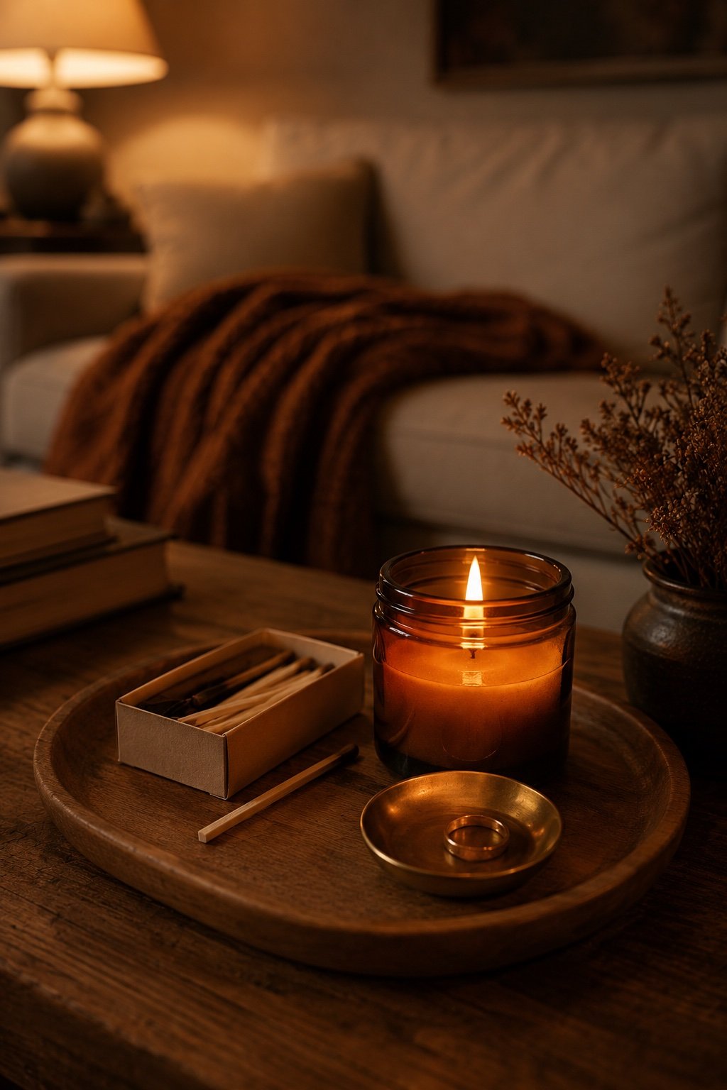 Coffee table tray with a lit amber candle, a matchbox and a small brass trinket dish