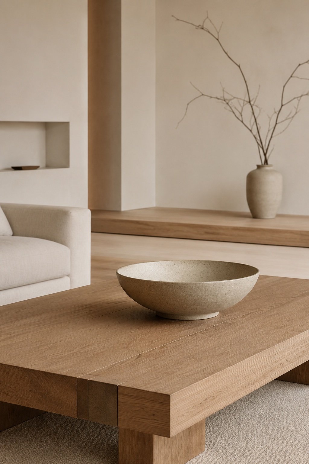 Minimalist coffee table with a single oversized ceramic bowl and generous empty space