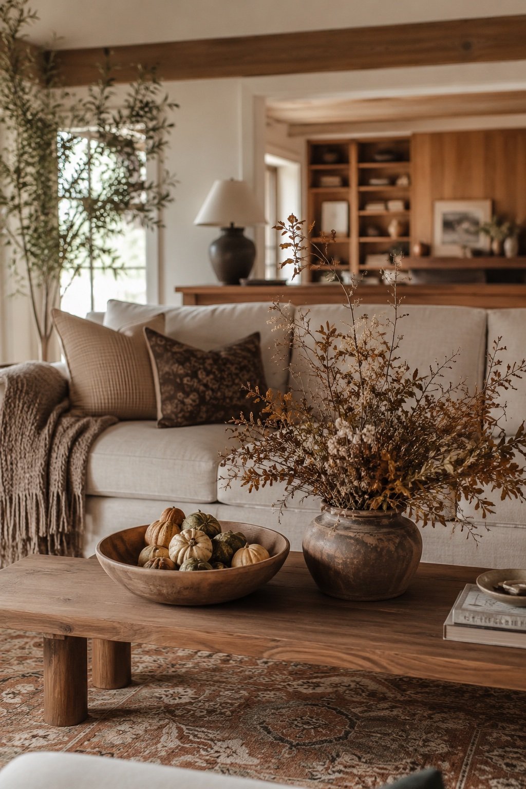 A low dried arrangement and a small bowl of muted gourds on a coffee table, the living element
