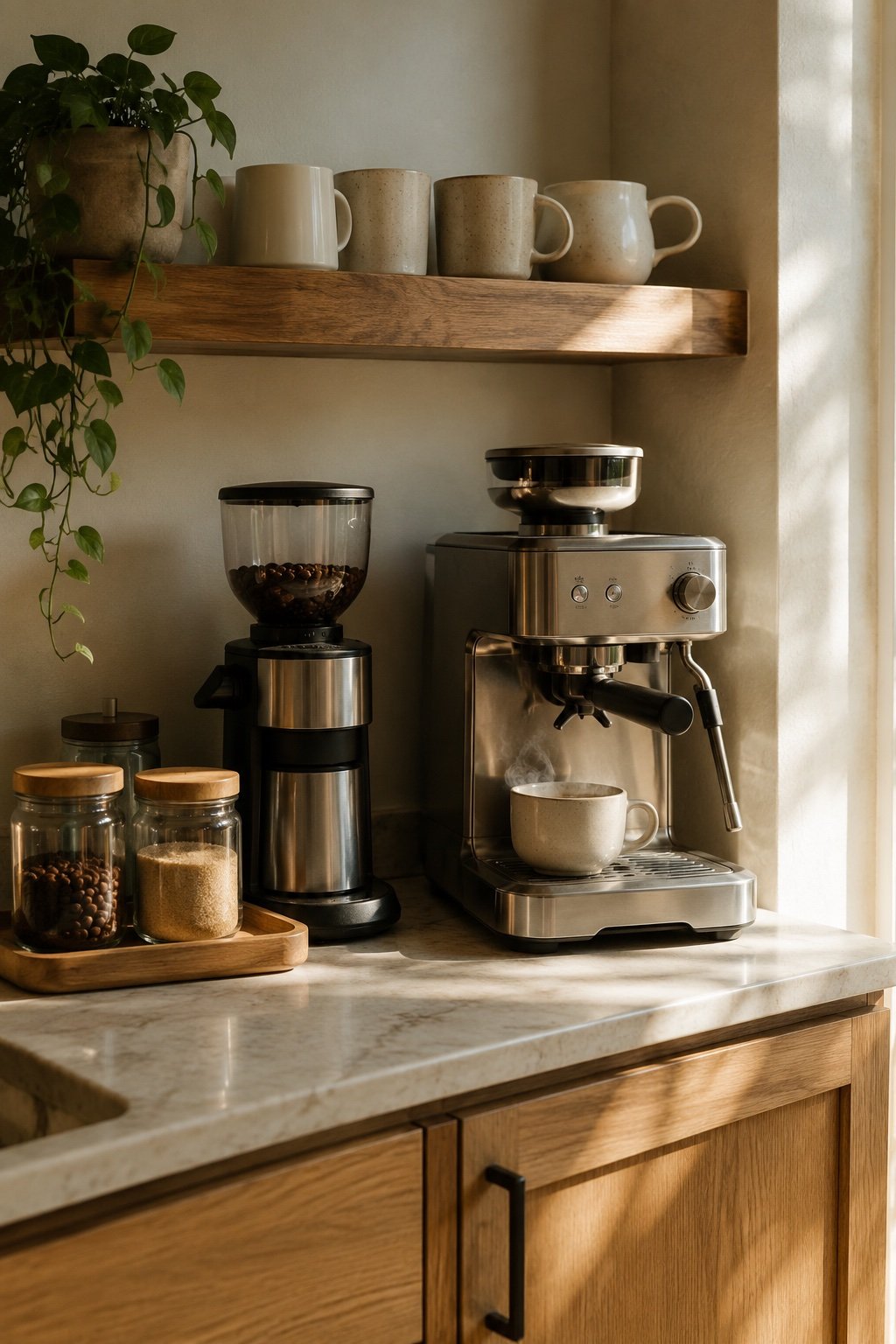 Compact coffee station with a machine, an oak shelf of cream mugs above and a jar tray