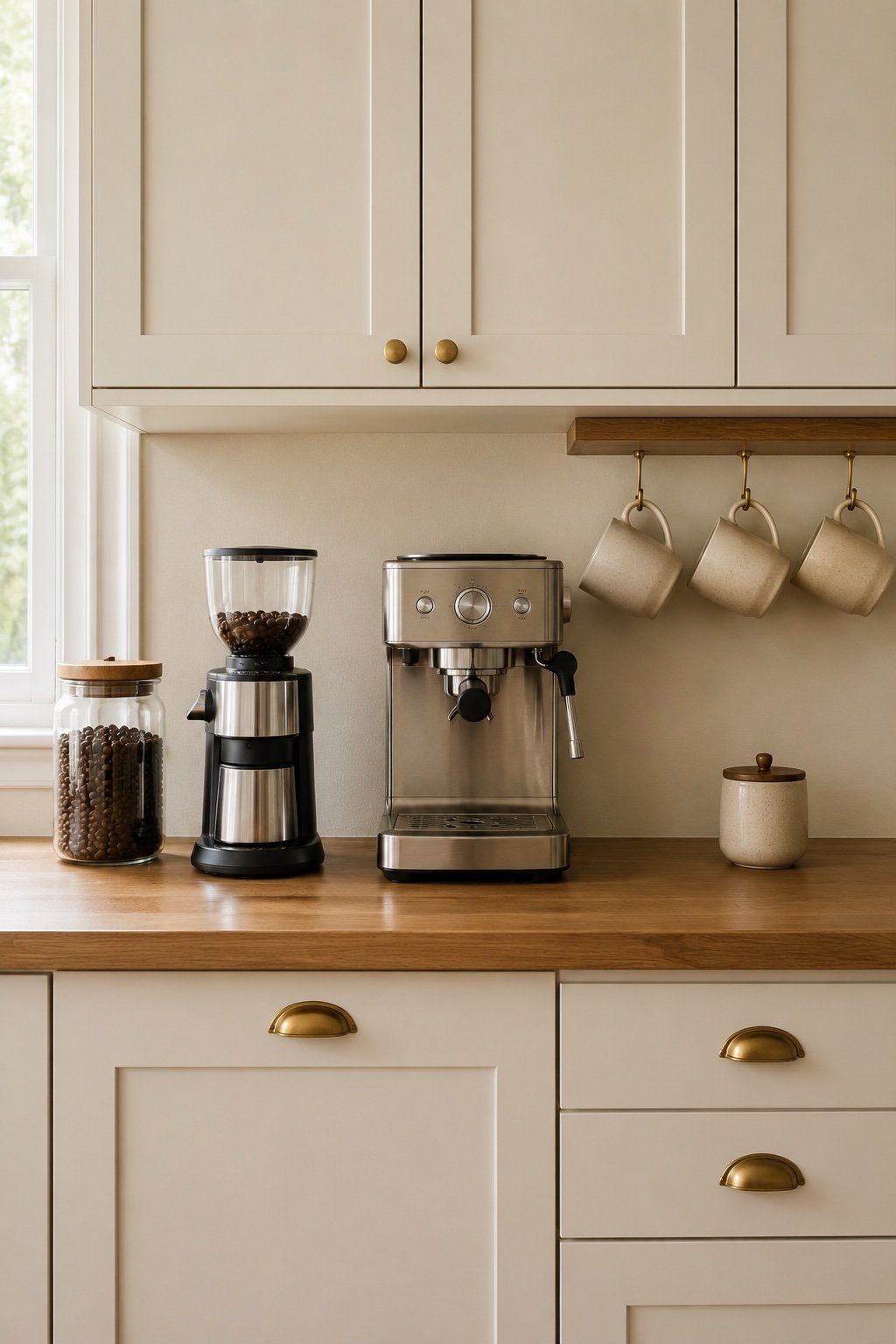 Coffee counter arranged left to right by use: beans, grinder, machine, mugs and grounds tin