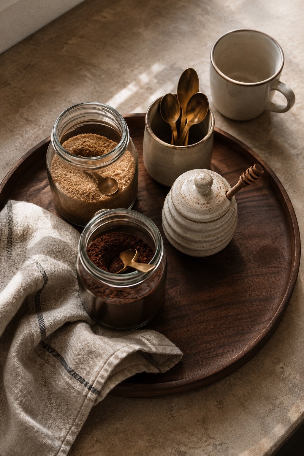 Wooden tray with glass jars of sugar and cocoa, a crock of spoons and a folded linen towel