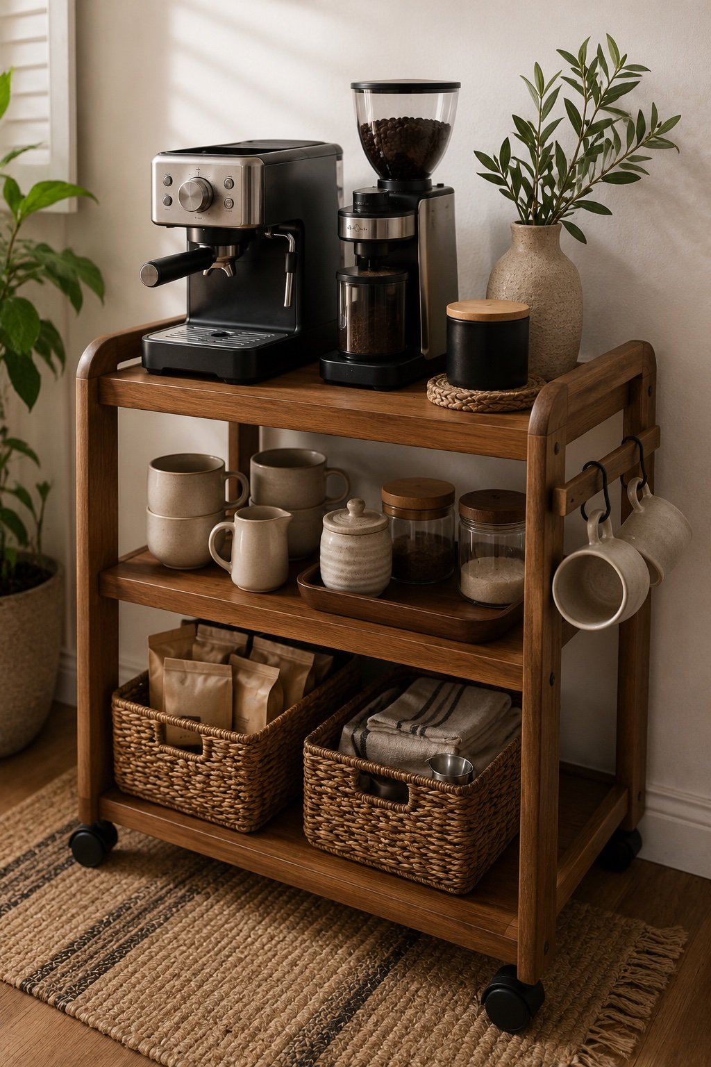 Wooden rolling cart used as a coffee bar with mugs on the side rail and baskets below