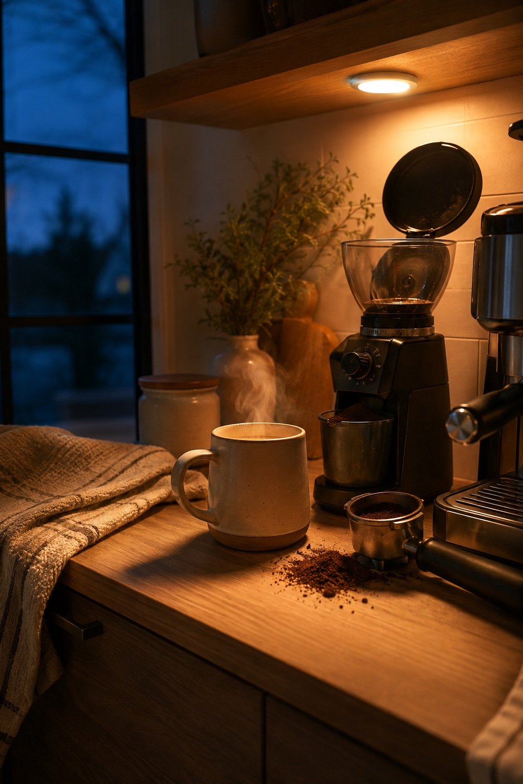 Steaming mug on the counter before dawn with warm under-cabinet light and grounds on the wood