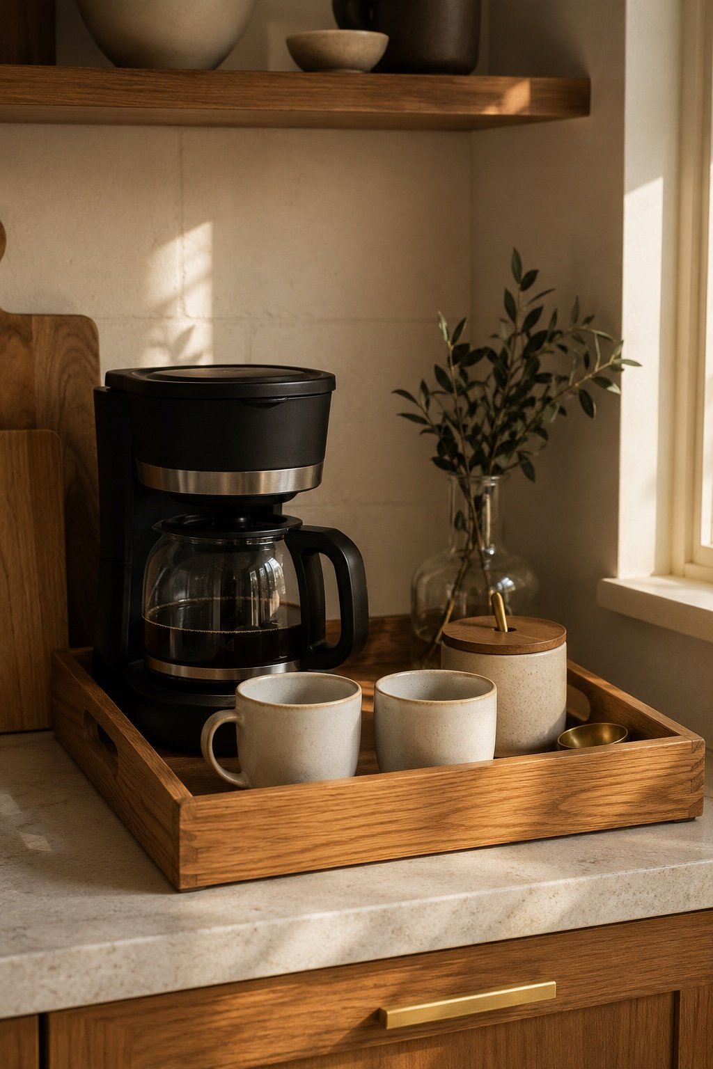 Coffee station corralled on a wooden tray with two ceramic mugs and a small canister