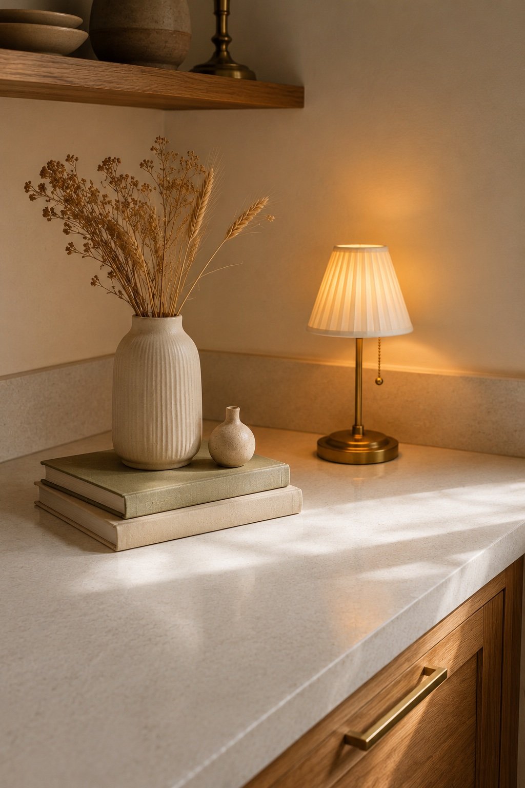 Counter corner with stacked cookbooks, a tall vase of dried stems and a warm glowing lamp