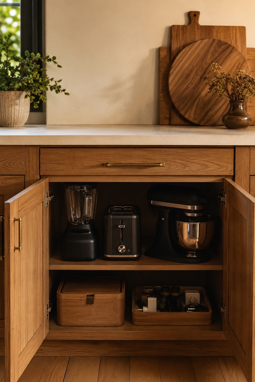 Open oak appliance garage with a blender, toaster and stand mixer neatly stored inside