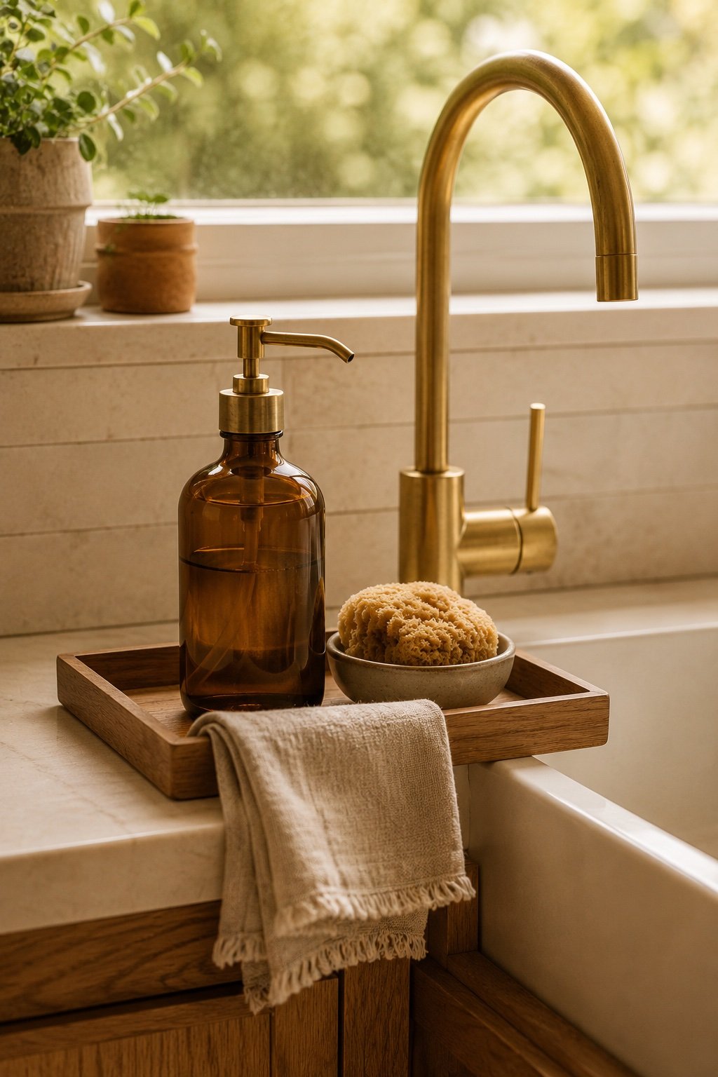 Sink zone with dish soap decanted into an amber glass bottle and a linen towel on a tray
