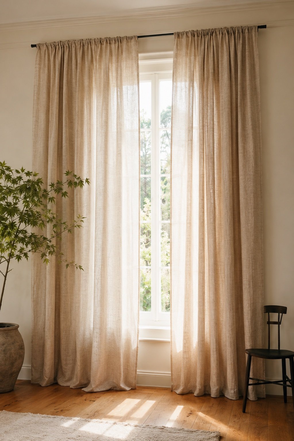 Full length linen curtains hung near the ceiling and wide of the window, grazing the floor