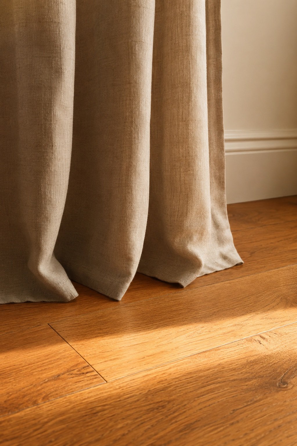 Close view of a linen curtain hem just kissing a warm wood floor with a soft break