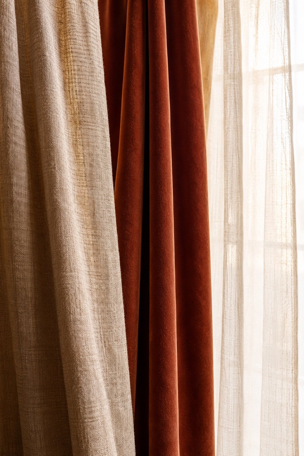 Three curtain fabrics backlit side by side: heavy linen, clay velvet and a fine sheer