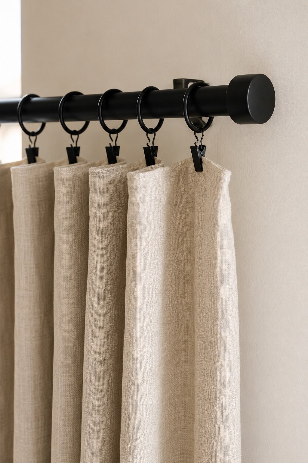 Matte black curtain rod with rings and clips holding a linen panel in even folds