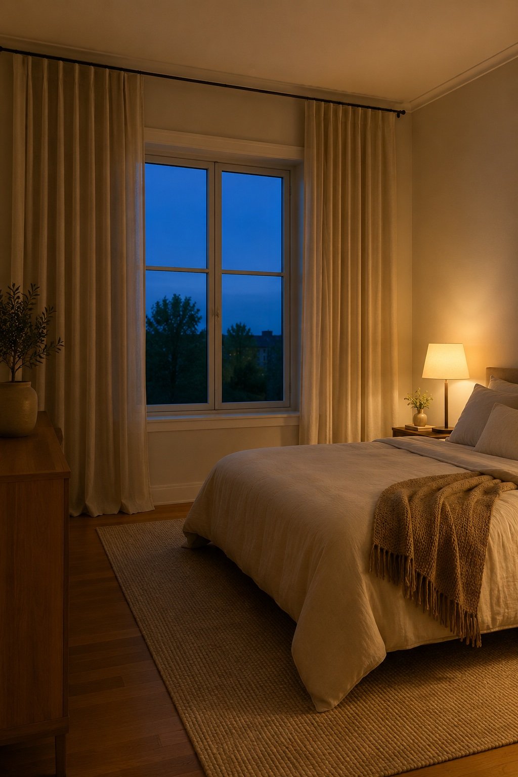 Bedroom at dusk with linen curtains hung high and wide, open, and a warm lamp lit