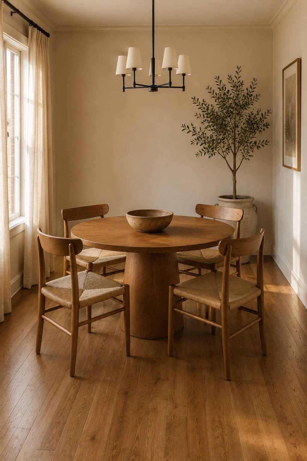 Round oak pedestal table for four in a small square room with room to walk behind the chairs