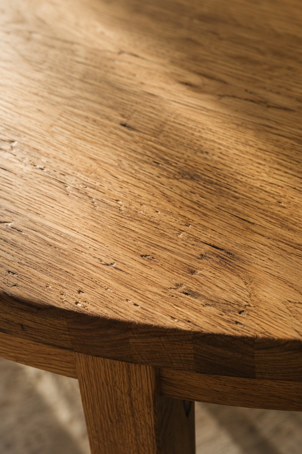Macro detail of a matte oiled white oak tabletop showing grain and honest dents in raking light