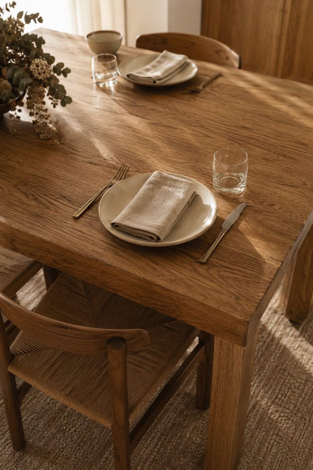 One place setting on an oak table with a cream plate and linen napkin showing generous spacing