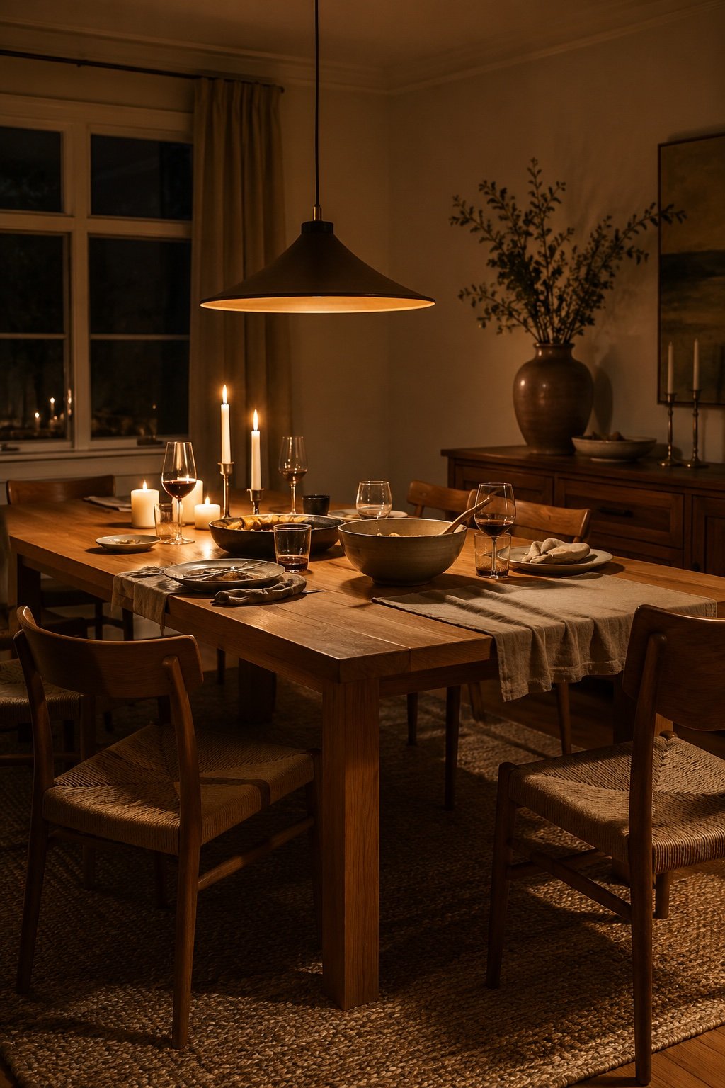 Dining room at dusk lit by a low pendant and candles, chairs pushed back after a meal