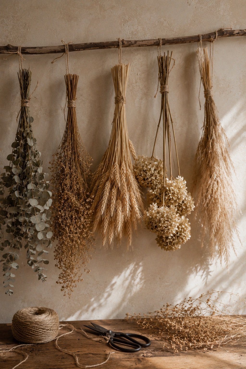 Bundles of foraged stems tied with twine hanging upside down to dry against a plaster wall